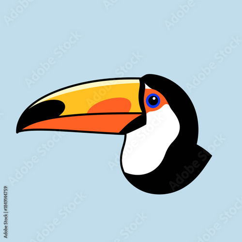 A stylized cartoon illustration of a toucan's head with a large yellow and orange beak, black head, white chest, and blue eye on a light blue background.