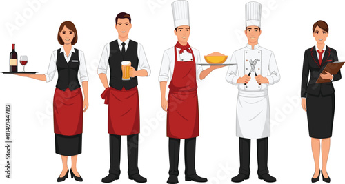 Professional restaurant staff team including waiters chefs and manager standing together, hospitality service cartoon vector illustration