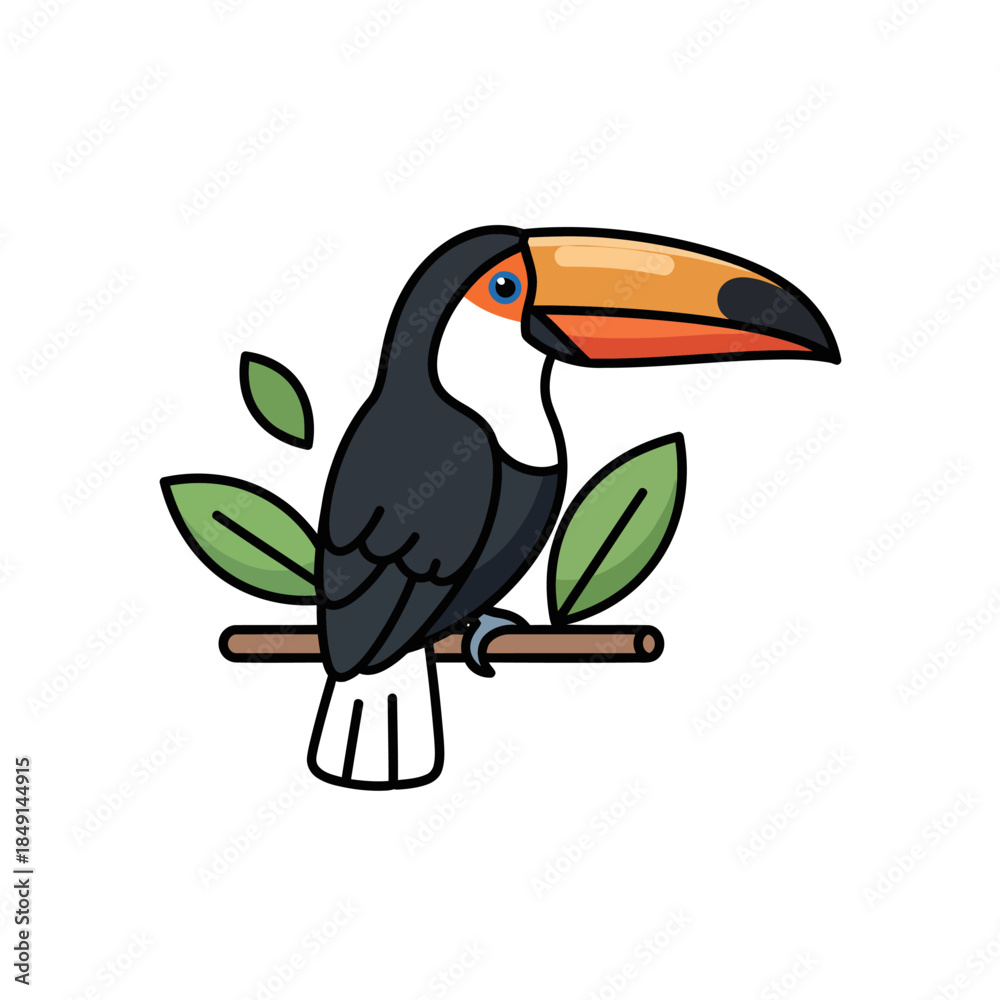 Obraz premium A colorful cartoon toucan with a large orange beak perched on a brown branch with green leaves.