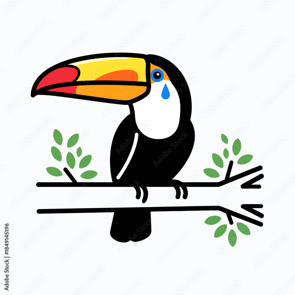 Obraz premium A cartoon illustration of a sad toucan with a tear in its eye, sitting on a tree branch with green leaves.