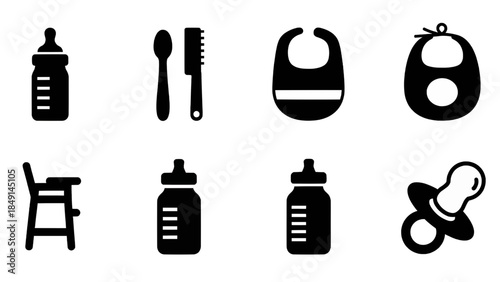 Silhouette of Baby items, including bottles, a bib, a spoon, a pacifier, and a high chair