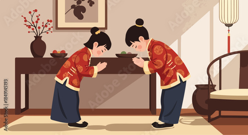 Two cartoon children in traditional Chinese clothing bowing to each other in a modern living room with a table and vase.