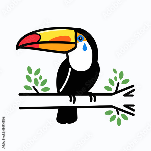 A cartoon illustration of a sad toucan with a tear in its eye, sitting on a tree branch with green leaves.