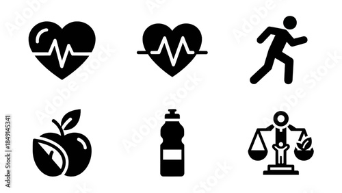 A selection of black icons illustrating health and wellness concepts