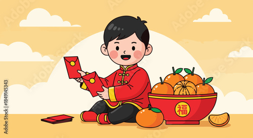A cheerful Asian boy in traditional red attire holding a red envelope beside a bowl of oranges on a table with a sunny background and white clouds.