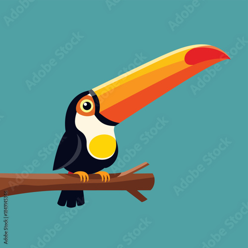A vibrant cartoon illustration of a toucan with a large orange and red beak perched on a brown branch against a teal background.