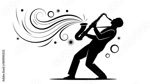 Silhouette of a jazz musician playing the saxophone with decorative swirls and musical elements