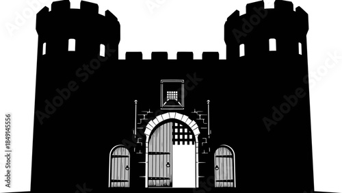 Silhouette of a medieval castle fortress with battlements and towers in black and white style