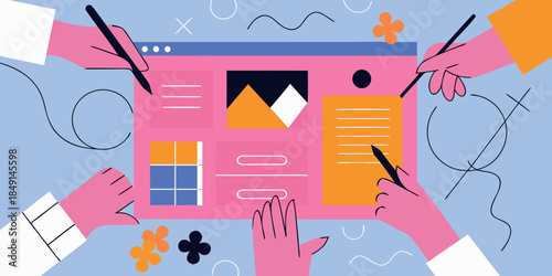 Creative design process with hands drawing on a digital screen interface