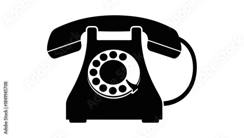 Vintage rotary telephone icon in black silhouette with retro style design