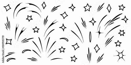 Black and white abstract illustration of stars sparkles and dynamic brush strokes