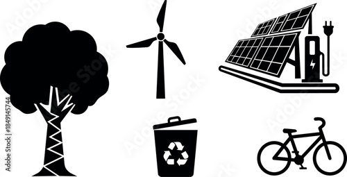 Black silhouette icons of tree wind turbine solar panel charging station recycling bin and bicycle eco friendly energy symbols