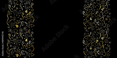 Golden doodles and abstract shapes on a black background create an interesting composition
