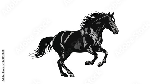 Dynamic black and gray illustration of a galloping horse capturing movement and power in a
