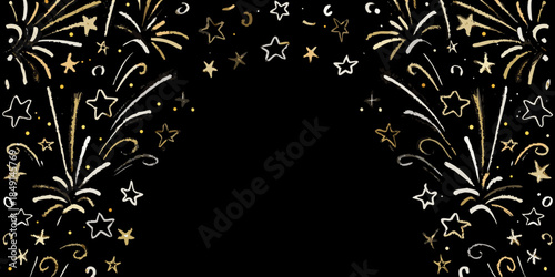 A festive black background adorned with hand drawn gold and white fireworks and stars