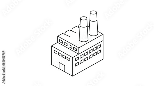 Isometric illustration of a factory building with multiple smokestacks and rectangular windows