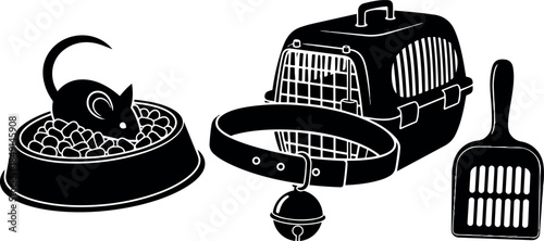 Black silhouette vector art of mouse eating from bowl with pet carrier collar and scoop accessories isolated