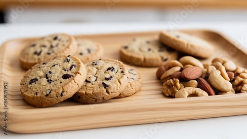 木製トレイ上のチョコレートチップクッキーとナッツ、自然光で照らされた温かみのある静物写真。