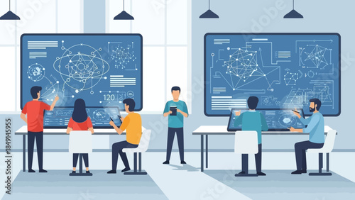 futuristic neural network research team analyzing complex data and algorithms in a high-tech