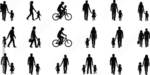 Family silhouettes collection, parents walking with children, people activities icons, black and white vector illustration set isolated modern lifestyle design