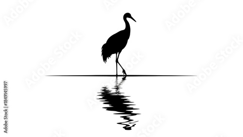 Minimalist Silhouette of a Heron Standing in Shallow Water with Reflection