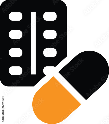 Simple black and orange icon representing medication blister pack and pharmaceutical capsule for health
