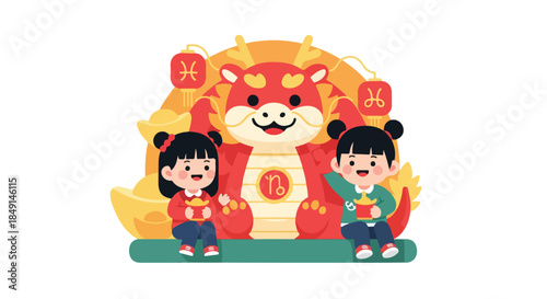 Two children sitting beside a lion dance performance prop with red and gold decorations on a white background.