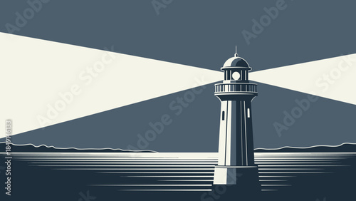 Minimalist lighthouse illustration with beam of light shining across the sea in a simplified