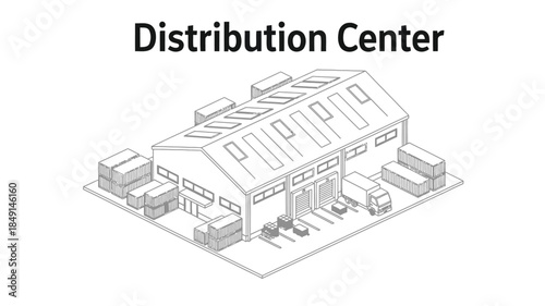 Isometric illustration of a factory building with storage containers vans and a loading dock