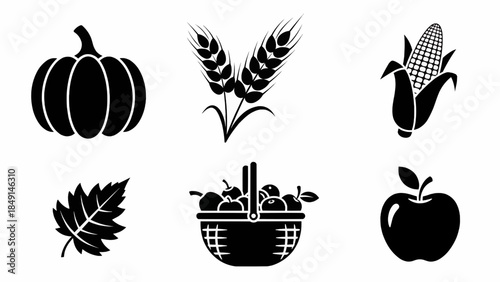 Black silhouettes of various harvest elements including pumpkin, wheat, corn, leaf, basket of fruit, and apple. These represent fall harvest, and abundance. 