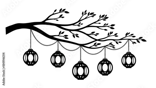 Minimalist black and white illustration of a tree branch adorned with hanging lanterns for