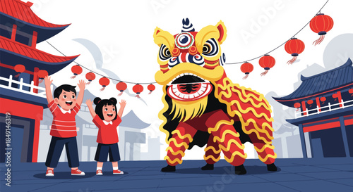 Illustration of two children holding red lanterns with a lion dance performer in a traditional Chinese setting with pagodas and paper lanterns.