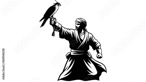 Stylized illustration of a warrior holding a bird perched on his gloved hand in a monochrome