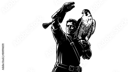 Silhouette of a falconer with a bird of prey perched on his gloved hand in a minimalist black and