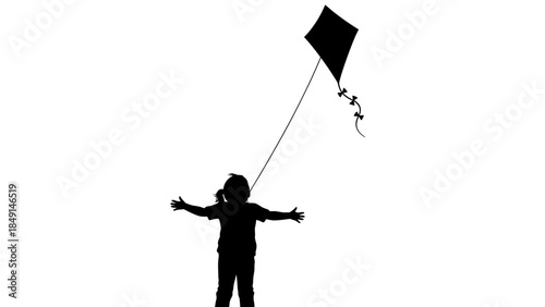 Silhouette of a Child Flying a Kite with Open Arms in a Clear Sky