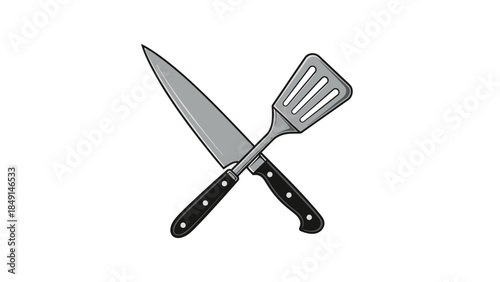 Illustration of a kitchen knife and spatula crossed in a simple cartoon style suitable for