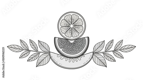 Minimalist Black and White Fruit Illustration Featuring Citrus and Exotic Fruits with Leaf Accents
