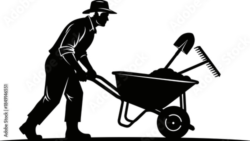 Silhouette of a Worker Pushing a Wheelbarrow with Gardening Tools in a Minimalist Style