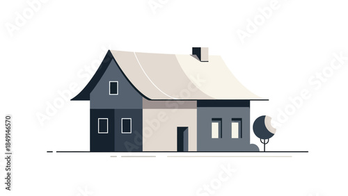 Minimalist Illustration of a Cozy House with a Gabled Roof and Surrounding Tree