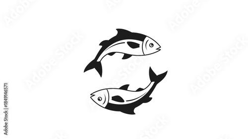 Minimalist Black and White Artistic Illustration of Two Fish Swirling in a Circular Motion