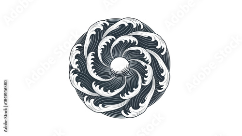 Intricate black and white spiral shell design with swirling patterns and fine details suitable for