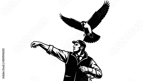 Silhouette Illustration of a Man Reaching Out with a Bird Hovering Over His Head in a Minimalist