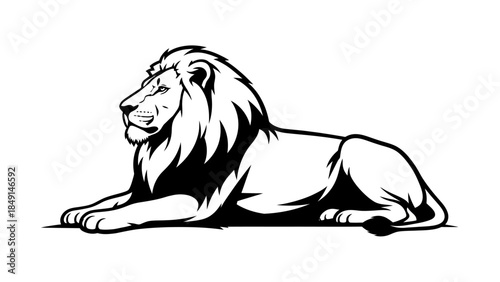 Minimalist Black and White Illustration of a Regal Lion in a Relaxed Reclining Pose Highlighting