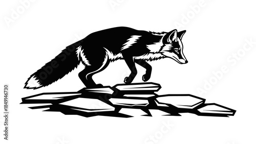 Stylized black and white illustration of a fox walking on rocks with a minimalist design and clean