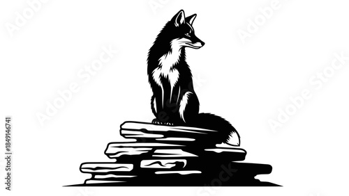 Minimalist Black and White Illustration of a Sitting Fox on a Stack of Rocks for Artistic and