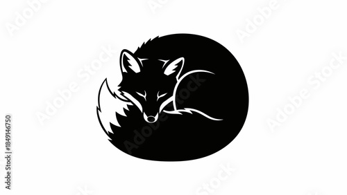 Minimalist Black and White Illustration of a Cozy Sleeping Fox Curled in a Circular Form