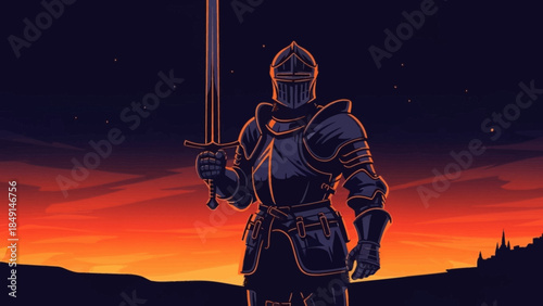 medieval knight clad in armor wielding sword against vibrant sunset sky scene full of silhouettes