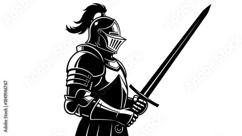 Medieval knight clad in armor wielding a longsword ready for battle illustration