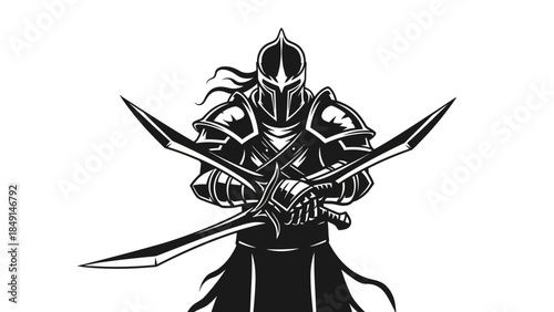 Fierce medieval knight clad in armor wielding dual swords ready for battle bold monochrome