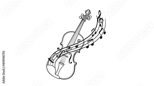 Elegant minimalist illustration of a violin entwined with flowing musical notes representing